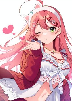 1girl animal_ears breasts camisole cat_ears cleavage fake_animal_ears frilled_camisole frills hair_ornament hairpin heart hololive jacket kuronekoron medium_breasts official_alternate_costume one_eye_closed red_jacket sakura_miko sakura_miko_(loungewear) solo virtual_youtuber white_camisole x_hair_ornament