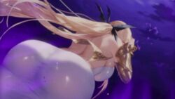 1girl animated ass back backboob backless_dress backless_outfit black_ribbon breasts brown_dust_(series) brown_dust_2 cleavage covered_navel curvy dress gauntlets glowing glowing_tattoo hair_ribbon highres holding holding_sword holding_weapon huge_ass large_breasts long_hair mask mature_female mouth_mask official_art olivier_(brown_dust) pubic_tattoo ribbon sound subtitled sword tagme tattoo thick_thighs thighs tight_clothes tight_dress very_long_hair video weapon white_dress wide_hips