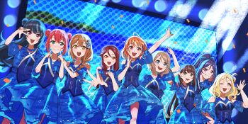 6+girls absurdres ahoge aqours_finale_lovelive!_~eikyuu_stage~ belt belt_buckle black_hair blonde_hair blue_hair braid brown_hair buckle concert confetti dress everyone from_behind from_side fujimaru_nrun grey_hair highres jewelry kunikida_hanamaru kurosawa_dia kurosawa_ruby laughing long_hair looking_at_another looking_at_viewer loose_clothes love_live! love_live!_sunshine!! matsuura_kanan multiple_belts multiple_girls necklace ocean ohara_mari one_eye_closed open_mouth pink_hair purple_hair reaching red_eyes red_hair sakurauchi_riko salute screen short_hair sky stage takami_chika tears thighs tsushima_yoshiko watanabe_you water waving wavy_hair