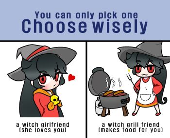 1girl :3 apron arms_behind_back ashley_(warioware) bad_id bad_twitter_id black_hair blush closed_mouth commentary cooking english_commentary english_text flat_chest food fork grill grilling hands_on_own_hips hat heart holding holding_fork long_hair long_sleeves looking_at_viewer meme nintendo no_nose non-web_source red_eyes red_shoes sainliztwit sausage shoes simple_background skull smug solo sparkle warioware white_background witch_hat
