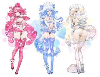 3girls absurdres agoto bikini black_shoes blonde_hair blue_background blue_bikini blue_eyes blue_horns blue_jacket blue_tail blue_thighhighs blunt_bangs book bow bowtie breasts bubble butt_crack cameltoe clothing_cutout collar creature detached_collar detached_sleeves double-parted_bangs fangs frilled_anklet frilled_bikini frilled_headwear frilled_jacket frilled_skirt frilled_sleeves frills from_behind full_body gluteal_fold grey_shoes group_picture hair_between_eyes hair_intakes hand_to_own_mouth headdress heart heart_bubbles high_heels highleg highleg_bikini highres holding holding_book holding_creature horns iridescent iridescent_bikini iridescent_hair iridescent_skirt iridescent_tail iridescent_thighhighs jacket long_hair long_sleeves looking_at_viewer looking_back maid medium_breasts monster_girl multicolored_hair multiple_girls navel one_eye_closed open_mouth orange_eyes original parted_bangs pink_background pink_bikini pink_bow pink_bowtie pink_eyes pink_garter_belt pink_sleeves pink_thighhighs see-through_clothes see-through_jacket shoes short_hair skindentation skirt slime_(creature) slime_(substance) slime_girl slime_hair slime_on_head small_breasts smile standing swimsuit tail tail_through_clothes tearing_up thighhighs thumbs_up twintails very_long_hair white_background white_collar white_hair white_tail wing_collar yellow_bow yellow_bowtie