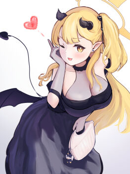1girl aged_up alternate_breast_size_(larger) bag bent_over black_dress black_horns black_tail black_wings blonde_hair blue_archive blush breasts cleavage demon_horns demon_tail demon_wings dress gloves gradient_background grey_gloves halo heart highres holding holding_bag horns huge_breasts ibuki_(blue_archive) ibuki_(dress)_(blue_archive) large_breasts long_hair looking_at_viewer naughty_face official_alternate_costume one_eye_closed open_mouth peroro_(blue_archive) pointy_ears ryh4 bad_tag side_ponytail sleeveless sleeveless_dress smile solo tail wavy_mouth wings wink yellow_eyes yellow_halo
