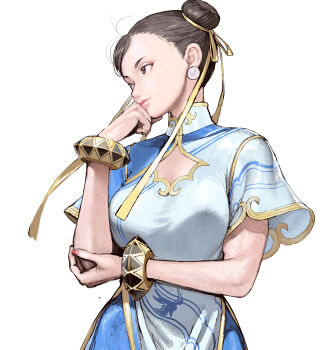 1girl blue_bodysuit bodysuit bracelet breasts brown_eyes brown_hair capcom chinese_clothes chun-li cleavage cleavage_cutout close-up clothing_cutout conto double_bun dress earrings gold_trim hair_bun highres jewelry large_breasts lips looking_to_the_side nail_polish pearl_earrings pelvic_curtain simple_background solo street_fighter street_fighter_6 swept_bangs toned turtleneck turtleneck_dress upper_body white_background wide_sleeves wind