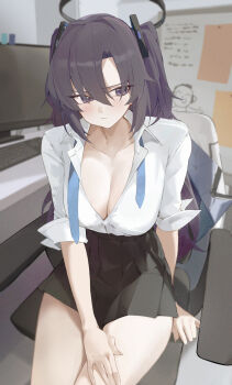 1girl black_skirt blue_archive blue_bow blush bow breasts cleavage doodle_sensei_(blue_archive) halo highres indoors large_breasts long_hair long_sleeves looking_to_the_side partially_unbuttoned pleated_skirt purple_eyes purple_hair sensei_(blue_archive) shirt sitting skirt sleeves_rolled_up solo white_shirt yidh_79 yuuka_(blue_archive)