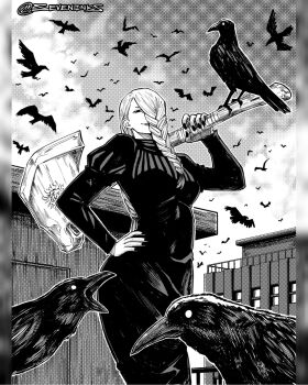 1girl axe bird braid breasts building cloud commentary_request cowboy_shot crow dress hair_over_one_eye hand_on_own_hip hatching_(texture) highres holding holding_axe jujutsu_kaisen large_breasts linear_hatching long_dress mature_eyes mature_female mei_mei_(jujutsu_kaisen) nail_polish seveninks sky solo spanish_commentary