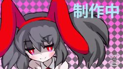 1girl animal_ears animated artist_logo black_hair blush bow bowtie checkered_background dot_nose fake_animal_ears female_focus gradient_background hairband japanese_text logo multicolored_eyes open_mouth pale_skin pink_background pink_eyes playboy_bunny rabbit_ears raised_eyebrows red_eyes sidelocks solo tagme twintails upper_body video watermark wrist_cuffs yomitim