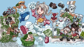 3girls 4mper5and ahoge animal bill_blaster bird black_hat black_pantyhose black_shoes blonde_hair blue_gloves blue_overalls bowser braid brown_fur brown_hair brown_hat brown_vest bullet bullet_bill camouflage camouflage_shorts camouflage_vest cannon castle chain cheep_cheep cliff cloud combat_helmet cosplay crown denim_overalls double_m/ dress flag gloves goomba green_hat green_helmet green_shorts green_vest grey_hair grey_skirt hammer hammer_bro hat helmet highres holding holding_hammer holding_mushroom indie_virtual_youtuber jellyfish jumping koopa_paratroopa koopa_troopa lakitu lakitu&#039;s_cloud long_hair long_sleeves mario mario_(cosplay) mario_(series) mole_(animal) mountain multiple_girls mushroom nintendo ocean open_mouth overalls pantyhose parody pink_shirt pink_shoes piranha_plant plant red_dress red_eyes shark sharp_teeth shirt shoes short_hair shorts skirt sky sleeveless sleeveless_dress smile spikes spiny sunglasses super_mario_bros._1 teeth turtle twin_braids twintails venus_flytrap vest vines virtual_youtuber warma warp_pipe water white_shirt