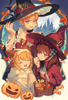 3girls aluce ascot basket beatrice_(umineko) black_dress black_hat blonde_hair blue_eyes brown_hair candy candy_cane character_request dress food halloween hat highres holding holding_basket jack-o&#039;-lantern multiple_girls mummy_costume red_dress red_hat sparkle umineko_no_naku_koro_ni vampire_bat white_ascot witch_hat