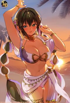 1girl absurdres arm_up armpits backlighting beach bikini black_hair blue_eyes bracelet braid breasts cleavage collar commentary_request cowboy_shot dancer day earrings green_eyes hair_ornament hand_up heterochromia highres jewelry konbu_wakame large_breasts long_hair looking_at_viewer mahjong_soul navel official_art open_mouth outdoors sara_(mahjong_soul) sarong smile solo stomach sunset swimsuit tassel tassel_earrings thigh_gap thighlet twin_braids twintails very_long_hair white_bikini