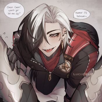 2boys absurdres argenti_(honkai:_star_rail) armor artist_name badge black_eyes black_hair black_jacket black_pants blush boothill_(honkai:_star_rail) bulge bullet_earrings cape commentary cropped_jacket crossed_bangs cuisses ear_piercing earrings english_commentary english_text erection erection_under_clothes flying_sweatdrops gold_earrings hair_between_eyes hair_over_one_eye hand_on_another&#039;s_thigh highres honkai:_star_rail honkai_(series) jacket jewelry kneeling leg_armor long_hair looking_at_viewer luciidkatt male_focus mole mole_under_eye multicolored_hair multiple_boys one_eye_covered open_mouth pants parted_bangs piercing pov red_cape red_pupils sharp_teeth sheriff_badge short_sleeves smile speech_bubble streaked_hair teeth tongue tongue_out very_long_hair white_hair yaoi zipper zipper_pull_tab