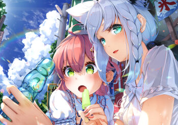 ahoge animal_ear_fluff animal_ears beret blush bottle braid cloud cloudy_sky commentary_request day extra_ears food fox_ears fox_girl green_eyes hair_between_eyes hat highres holding holding_bottle hololive holonatsu_paradise imo_bouya long_hair looking_at_viewer open_mouth outdoors pink_hair pink_nails popsicle sakura_miko sakura_miko_(street) shirakami_fubuki shirakami_fubuki_(street) short_sleeves sidelocks single_braid sky sweat virtual_youtuber white_hair