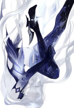 1girl blue_hands closed_eyes co6_3g falling from_side genshin_impact gradient_thighhighs grey_hair high_heels highres long_hair purple_hands signature simple_background skirk_(genshin_impact) solo space_skin star_(sky) thighs upside-down very_long_hair watermark white_background