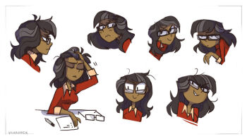 Rule 34 | 1girl, 3:, alternate hair length, alternate hairstyle, artist name, black hair, breasts, closed mouth, collared shirt, commentary, cropped shoulders, cropped torso, dark-skinned female, dark skin, ellody (total drama), english commentary, from side, glasses, grey hair, grin, hand on own head, long sleeves, medium hair, multicolored hair, multiple views, paper, pencil, profile, rectangular eyewear, red shirt, shirt, simple background, smile, total drama, two-tone hair, upper body, v-shaped eyebrows, vanripper, white background