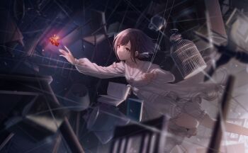 1girl book braid brown_eyes brown_hair cage chair colorful_palette dress foot_out_of_frame frilled_dress frills game_cg gem glowing highres holding holding_string kamen_no_watashi_ni_sayonara_wo_(project_sekai) medium_hair official_art project_sekai red_gemstone shinonome_ena shoes solo string third-party_source toes white_dress white_shoes