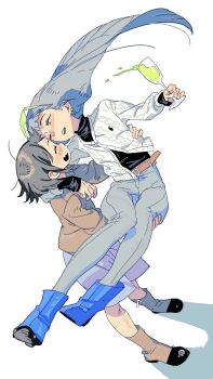 2girls black_hair blue_hair blush boots closed_eyes goblet_42 highres hood multicolored_hair multiple_girls open_mouth original short_hair smile