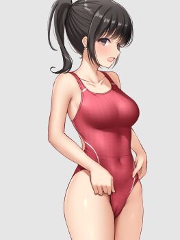 1girl adjusting_clothes adjusting_swimsuit bare_shoulders black_hair blush breasts brown_eyes cameltoe collarbone commentary_request competition_swimsuit covered_navel cowboy_shot earrings fan_request grey_background highres jewelry long_hair looking_at_viewer medium_breasts ncontrail_(mgax7527) one-piece_swimsuit open_mouth original ponytail red_one-piece_swimsuit request_inset sideways_mouth simple_background solo stud_earrings swimsuit teeth textless_version upper_teeth_only v-shaped_eyebrows