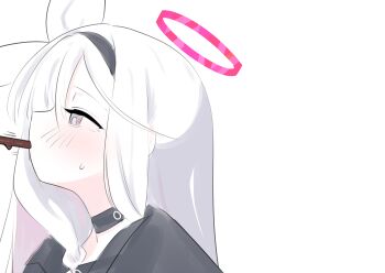 1girl absurdres black_choker black_hairband black_jacket black_shirt blue_archive choker food food_in_mouth grey_eyes hair_ribbon hairband halo highres imminent_kiss imminent_pocky_kiss jacket long_hair multicolored_hair pale_skin pink_hair pink_halo plana_(blue_archive) pocky pocky_day pocky_in_mouth profile ribbon sharp_to_sharp shirt simple_background streaked_hair sweatdrop swept_bangs two-tone_hair upper_body variant_set white_background white_hair white_ribbon