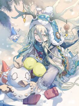 1girl antlers aqua_eyes aqua_hair blue_scarf coat commentary_request fate/grand_order fate_(series) highres horns horns_through_headwear long_hair louhi_(fate) louhi_(second_ascension)_(fate) mittens pantyhose purple_mittens scarf snow snow_bird squatting tonttu_(fate) unworn_mittens winter_clothes winter_coat woollen_cap yellow_pantyhose yonago_miko