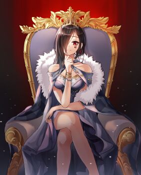 1girl absurdres bad_id bad_pixiv_id bare_legs bare_shoulders black_hair bracelet breasts camellia_(camel_mal) collarbone commentary cross cross_earrings crossed_legs crown earrings elbow_rest eve_(the_binding_of_isaac) facial_tattoo feet_out_of_frame fur_trim hair_over_one_eye highres huge_filesize jewelry light_smile long_hair looking_at_viewer medium_breasts red_eyes sitting solo tattoo the_binding_of_isaac throne