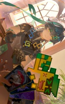 1boy 1other absurdres ajaw_(genshin_impact) black_gloves black_hair black_shirt card chest_harness chinese_commentary commentary_request crossed_bangs dice earrings genius_invokation_tcg genshin_impact gloves green_eyes green_gloves green_headband hair_between_eyes harness headband highres holding holding_card jewelry kinich_(genshin_impact) looking_at_another momoo0721 multicolored_eyes multicolored_hair neck_tattoo shirt short_hair short_sleeves sideways sitting solo_focus streaked_hair sunlight table tattoo two-tone_gloves window wooden_table yellow_eyes zipper_pull_tab