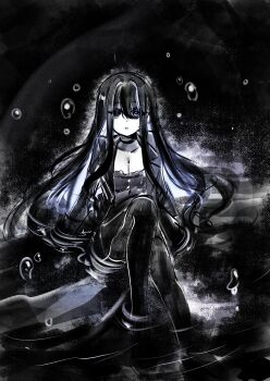 1girl absurdres breasts bubble choker cleavage colored_inner_hair commentary dress english_commentary full_body greyscale hair_between_eyes highres jacket knee_up long_hair looking_at_viewer medium_breasts monochrome multicolored_hair original pantyhose parted_lips ryuuxin sadie_(ryuuxin) sitting solo spot_color straight-on