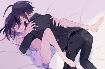 2boys aegyo_sal ahoge bare_legs barefoot belt belt_buckle black_belt black_hair black_jacket black_pants blush bottomless buckle collarbone collared_jacket commentary_request danganronpa_(series) danganronpa_v3:_killing_harmony dot_nose eye_contact feet feet_out_of_frame fingernails frown full_body hair_between_eyes hair_spread_out hand_on_another&#039;s_back hand_on_another&#039;s_shoulder height_difference hickey high_collar jacket long_eyelashes long_hair_between_eyes long_sleeves looking_at_another lying lying_on_person male_focus multiple_boys oma_kokichi on_back on_bed open_belt open_clothes open_jacket open_mouth pants partially_undressed pinstripe_jacket pinstripe_pants pinstripe_pattern pocket pointy_nose purple_eyes purpled saihara_shuichi sakura_(fein5862817) shade short_hair sweat teeth toes torn_clothes torn_jacket undershirt upper_teeth_only white_jacket yaoi yellow_eyes