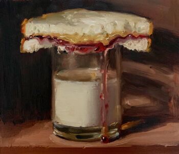 Rule 34 | bread, bread slice, cup, drinking glass, food, food focus, highres, jam, milk, no humans, noah verrier, oil painting (medium), original, painting (medium), peanut butter and jelly sandwich, sandwich, still life, traditional media