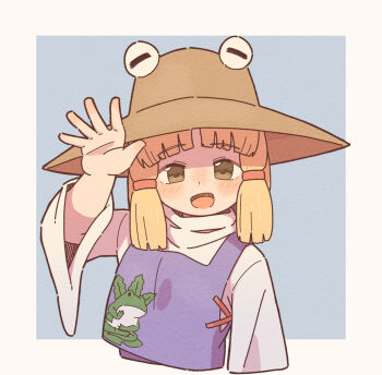1girl :d animal_print blonde_hair blue_background blush commentary frog_print hakugomaabura_(kourin1219) hand_up highres long_sleeves medium_hair moriya_suwako mountain_of_faith open_mouth purple_vest pyonta shirt sidelocks smile solo touhou turtleneck turtleneck_shirt upper_body vest white_shirt wide_sleeves yellow_eyes