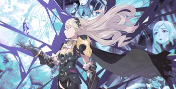 3girls 4boys absurdres arm_up armor azura_(fire_emblem) black_armor black_cape black_gloves black_hairband breasts cape cleavage closed_mouth commentary female_corrin_(fire_emblem) female_corrin_(nohr_noble)_(fire_emblem) elise_(fire_emblem) fire_emblem fire_emblem_fates fire_emblem_heroes from_side game_screenshot_background garon_(fire_emblem) gloves grey_hair hairband highres kucheat_zg long_hair medium_breasts multiple_boys multiple_girls nintendo official_alternate_costume pointy_ears red_eyes ryoma_(fire_emblem) screenshot_background standing takumi_(fire_emblem) xander_(fire_emblem)