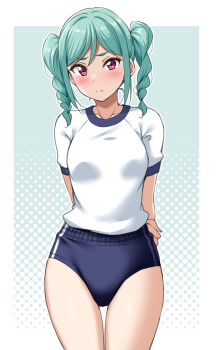 1girl arms_behind_back blue_buruma blush braid breasts buruma collarbone green_hair gym_uniform hair_between_eyes highres looking_at_viewer love_live! love_live!_superstar!! onitsuka_tomari red_eyes shirt short_hair simple_background small_breasts solo t-shirt twin_braids yopparai_oni