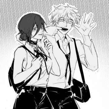 Rule 34 | 1boy, 1girl, backpack, bag, chainsaw man, cheek pull, choker, collared shirt, denji (chainsaw man), finger in own mouth, flower, greyscale, hair between eyes, hair bun, hand up, highres, holding, holding flower, long sleeves, looking at viewer, miku17883, monochrome, neck ribbon, necktie, pants, reze (chainsaw man), ribbon, school bag, sharp teeth, shirt, shirt tucked in, short hair, sleeveless, sleeveless shirt, teeth