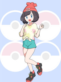 1girl absurdres black_hair blue_eyes bob_cut child curled_fingers feet_up female_focus flat_chest floral_print full_body green_shorts hands_up happy hat highres knees legs looking_at_viewer marunouchi_yaesu medium_hair neck nintendo open_mouth parted_bangs poke_ball_symbol pokemon pokemon_sm red_hat selene_(pokemon) shirt shoes short_shorts short_sleeves shorts sidelocks smile sneakers standing standing_on_one_leg tied_shirt yellow_shirt z-ring