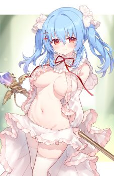 1girl absurdres arms_behind_back bare_shoulders blue_hair breasts breasts_apart center_opening closed_mouth commentary commission cross_hair_ornament detached_sleeves frilled_shirt_collar frilled_skirt frills groin hair_ornament hair_ribbon highres hiraga_matsuri holding holding_staff large_breasts long_hair long_sleeves looking_at_viewer navel neck_ribbon no_bra original red_eyes revealing_clothes ribbon shirt showgirl_skirt sidelocks skeb_commission skirt sleeveless sleeveless_shirt smile solo staff stomach thighhighs thighs twintails white_shirt white_skirt white_thighhighs zettai_ryouiki