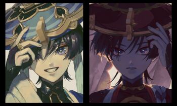 2boys black_bodysuit black_border black_bridal_gauntlets black_hair black_hat black_kimono blue_hat blunt_ends bodysuit border bridal_gauntlets bright_pupils closed_mouth cmpsnoki covered_collarbone dual_persona eyeliner eyeshadow fingernails genshin_impact gold gold_ring gold_trim grey_veil grin hat hat_tip highres japanese_clothes jewelry jingasa kimono looking_at_viewer makeup mandarin_collar middle_ring multiple_boys neck_ring purple_eyes red_eyeliner red_eyeshadow red_hat red_kimono rope scaramouche_(genshin_impact) shimenawa shoulder_peek smile split_screen teeth tsurime two-tone_hat veil wanderer_(genshin_impact) white_kimono white_pupils