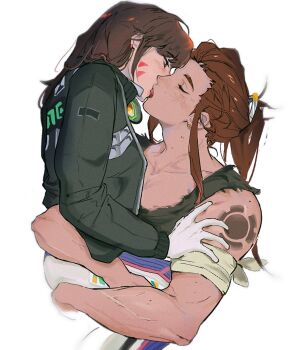 Rule 34 | 2girls, arm tattoo, bandaged arm, bandages, bjmaki, blush, bodysuit, brigitte (overwatch), brown eyes, brown hair, carrying, closed eyes, collarbone, d.va (overwatch), earrings, facial mark, french kiss, gloves, hair ornament, hashtag-only commentary, highres, jacket, jewelry, kiss, lifting person, long hair, multiple girls, muscular, muscular female, overwatch, ponytail, tank top, tattoo, tongue, white gloves, yuri