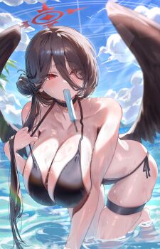 1girl bikini black_bikini black_choker black_hair black_wings blue_archive blush breasts choker commentary day feathered_wings food food_in_mouth hair_between_eyes hair_bun halo hasumi_(blue_archive) hasumi_(swimsuit)_(blue_archive) highres huge_breasts leaning_forward long_hair long_hair_between_eyes looking_at_viewer low_wings menmen_(menmen13s) official_alternate_costume official_alternate_hairstyle oversized_wings popsicle popsicle_in_mouth red_eyes red_halo ring_of_light_(blue_archive) side-tie_bikini_bottom skindentation sky solo strap_pull swimsuit thigh_strap wading wings