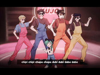 4boys aged_down battle_tendency black_hair blue_overalls braid braided_ponytail brown_hair bun_with_braided_base child chipi_chipi_chapa_chapa_(meme) chuchumimipupu closed_eyes commentary_request dancing diamond_wa_kudakenai double_bun giorno_giovanna green_hair hair_bun hat higashikata_josuke highres holding holding_microphone jojo_no_kimyou_na_bouken joseph_joestar joseph_joestar_(young) kuujou_jolyne kuujou_joutarou letterboxed male_focus meme microphone multicolored_hair multiple_boys music open_mouth orange_overalls overalls pink_overalls pompadour singing single_braid smile star-shaped_eyewear star_(symbol) stardust_crusaders stone_ocean subtitled sunglasses two-tone_hair v vento_aureo yellow_overalls
