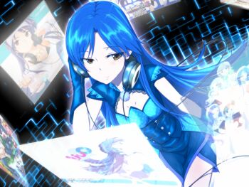 1girl blue_hair brown_eyes clearite female_focus floating_screen gloves hand_on_headphones headphones idolmaster idolmaster_(classic) kisaragi_chihaya long_hair smile solo