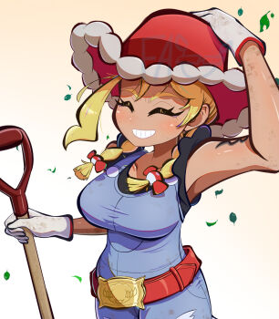 1girl arm_tattoo belt black_shirt blonde_hair blue_overalls blush bouffalant braid breasts closed_eyes commentary_request cowboy_hat denim denim_overalls dirty dirty_clothes eyelashes freckles gen_5_pokemon gloves grin hand_on_headwear hat highres holding kitt_(pokemon) leaf long_hair nintendo overalls pokemon pokemon_champions red_belt red_hat shiny_skin shirt simple_background smile solo tattoo teeth twin_braids uma_(uma_digit) white_gloves