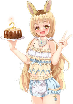 1girl :d animal_ears blonde_hair breasts bubbly_bunnana cake candle cleavage commission food heart highres holding holding_plate indie_virtual_youtuber kasumasu_(tales75) long_hair navel open_mouth plate short_shorts shorts skeb_commission small_breasts smile solo standing twintails v very_long_hair virtual_youtuber yellow_eyes