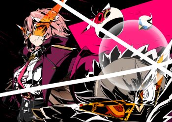 1girl absurdres bird black_shorts cape collared_shirt diffraction_spikes eyecatch frogmouth ganmo_(takane_lui) grin hair_between_eyes hawk head_wings high-waist_shorts highres hololive jacket kamina_shades lens_flare looking_at_viewer multicolored_hair necktie open_clothes open_jacket pantyhose pantyhose_under_shorts pink_hair pleia90 purple_jacket red_necktie shirt short_hair shorts smile solo streaked_hair symbol-shaped_pupils takane_lui tengen_toppa_gurren_lagann triangular_eyewear tsukune_(takane_lui) tsumire_(takane_lui) ttgl_eyecatch two-tone_hair virtual_youtuber white_hair white_shirt wings