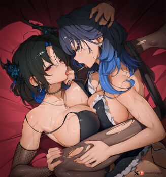 2girls after_kiss asymmetrical_horns bed_sheet black_hair black_thighhighs blue_eyes blue_hair breasts cleavage colored_inner_hair fishnets frills girl_on_top glance greatodoggo highres hololive hololive_english horns large_breasts long_hair looking_at_viewer lying mole mole_under_eye multicolored_hair multiple_girls nerissa_ravencroft on_back open_mouth ouro_kronii purple_eyes saliva saliva_trail sweat thighhighs tongue tongue_out torn_clothes torn_thighhighs uneven_horns virtual_youtuber yuri
