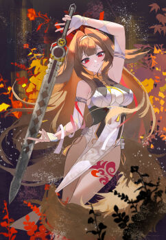 1girl absurdres animal_ears arm_up armlet bare_shoulders breasts brown_hair brown_tail china_dress chinese_clothes closed_mouth commentary dress droopy_ears english_commentary grass hairband highres holding holding_sword holding_weapon jewelry leaf leg_tattoo long_hair looking_at_viewer maple_leaf medium_breasts red_eyes silver_armlet smile solo sword tail tattoo very_long_hair w-t weapon white_dress white_hairband ye_shunguang zenless_zone_zero