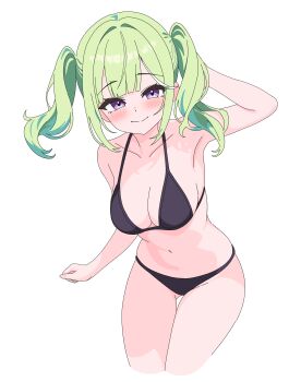 Rule 34 | 1girl, absurdres, arm at side, armpits, bikini, black bikini, blush, center-flap bangs, closed mouth, commentary, cropped legs, deoksodaejang guchangmo, double-parted bangs, green hair, hand up, highres, korean commentary, leaning forward, medium hair, navel, purple eyes, simple background, smile, solo, split mouth, standing, stellive, stomach, string bikini, swimsuit, twintails, virtual youtuber, white background, yuzuha riko