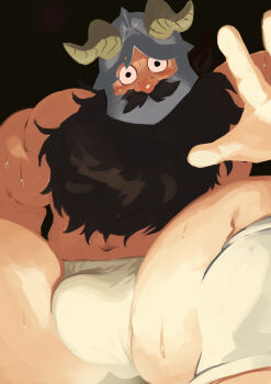 1boy bara beard blush bulge cloud_(bara31042525) dungeon_meshi dwarf embarrassed facial_hair fake_horns fat fat_man helmet highres horned_helmet horns long_beard looking_at_viewer male_focus mustache navel outstretched_arm senshi_(dungeon_meshi) shy solo spread_legs sweat thick_mustache thick_thighs thighs topless_male very_long_beard