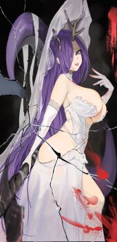 1girl absurdres antlers ass axe azur_lane bare_shoulders breasts broken_mirror chunchilin commentary_request dress elbow_gloves gloves golden_hind_(azur_lane) golden_hind_(forlorn_femme_fatale)_(azur_lane) hair_over_one_eye highres holding holding_axe horns huge_breasts long_hair looking_at_viewer mirror official_alternate_costume open_mouth purple_eyes purple_hair reindeer_antlers solo suction_cups tentacles very_long_hair white_dress white_gloves