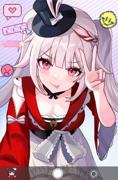 1girl black_hat breasts capelet cleavage commentary_request corrupted_twitter_file dress emoji fake_phone_screenshot fake_screenshot hat highres honkai:_star_rail honkai_(series) kima_(jp4g6kfhb842057) long_hair looking_at_viewer medium_breasts purple_eyes red_capelet solo sparkle_(honkai:_star_rail) sparxie_(honkai:_star_rail) thumbs_up tongue tongue_out top_hat twintails v very_long_hair white_dress white_hair