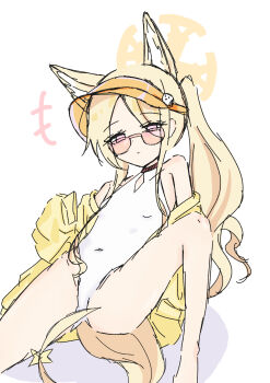 +++ 1girl animal_ear_fluff animal_ears bare_legs bare_shoulders barefoot blonde_hair blue_archive closed_mouth clothing_cutout commentary covered_erect_nipples covered_navel cross_halo diamond_cutout dot_nose extra_ears eyes_visible_through_hair flat_chest fox_ears fox_girl fox_tail hair_over_one_eye halo highleg highleg_one-piece_swimsuit highres jacket knee_up loli long_hair long_sidelocks long_sleeves looking_at_viewer off_shoulder one-piece_swimsuit open_clothes open_jacket orange-tinted_eyewear pink_eyes roa_kyabetu seia_(blue_archive) seia_(swimsuit)_(blue_archive) side_ponytail sidelocks simple_background solo spread_legs star_ornament swimsuit tail tail_ornament thighs tinted_eyewear very_long_hair visor_cap white_background white_one-piece_swimsuit yellow_halo yellow_jacket yellow_visor