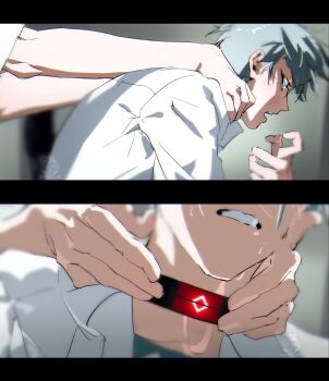 2boys alien_stage artist_logo artist_name choker commentary dss_choker english_commentary grey_hair highres ivan_(alien_stage) logo male_focus multiple_boys neon_genesis_evangelion shirt short_hair till_(alien_stage) uchiha_i_arts very_short_hair white_shirt