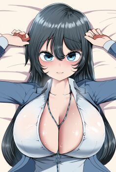 1girl arms_up between_breasts black_eyes black_hair blue_jacket blush breasts bursting_breasts cleavage commentary_request hair_between_eyes highres huge_breasts jacket long_hair long_sleeves looking_at_viewer office_lady open_clothes open_jacket shirt solo sweat unbuttoned unbuttoned_shirt white_shirt zurikishi